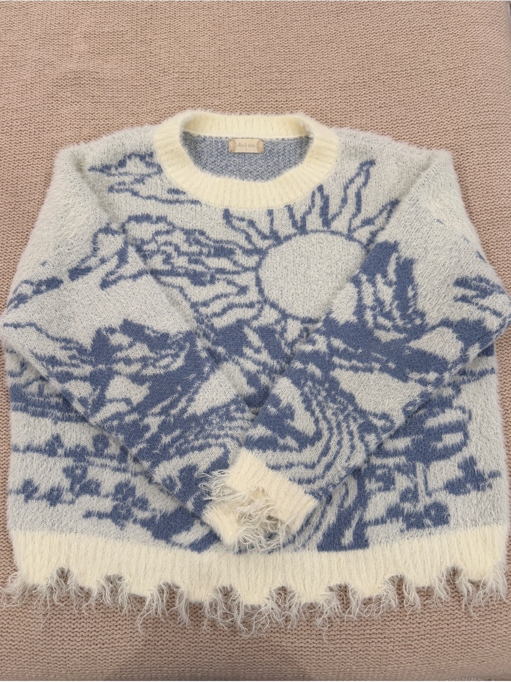 Altar'd State Cream and Blue Scenic Fuzzy Crewneck Sweater